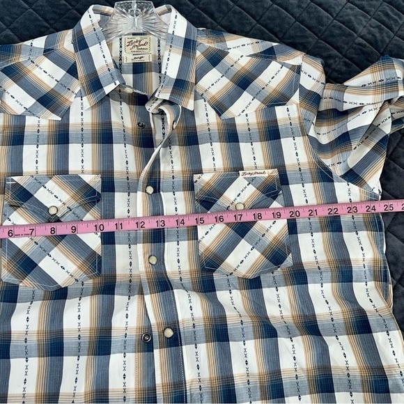 Lucky Brand Men Large Pearl Snap Western Long Sleeve Gray Tan Flannel Shirt U - Picture 8 of 8